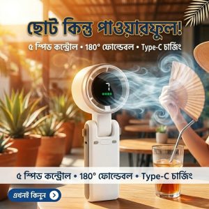 Foldable Powerful Winds Turbo Fan | 5 Speed USB Rechargeable Mini Handheld Fan
